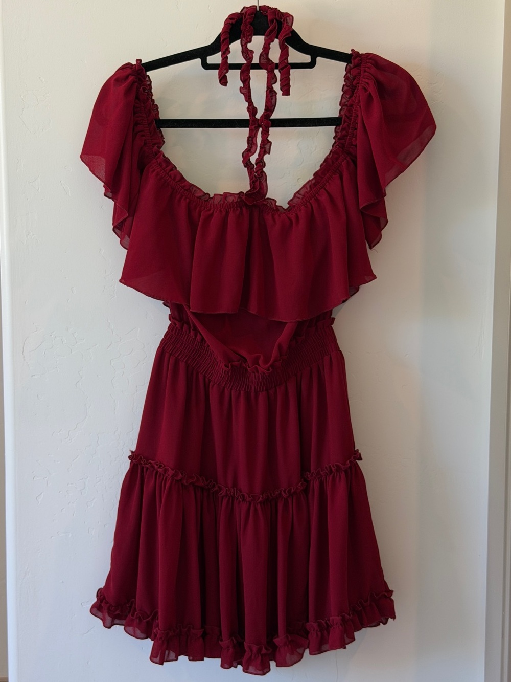 Women's Burgundy Ruffle Off-Shoulder Dress